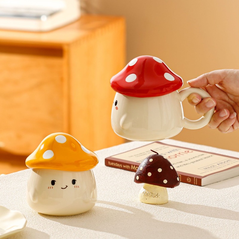 Coffee Tea Latte - Mushroom Ceramic Mug with Lid Creative